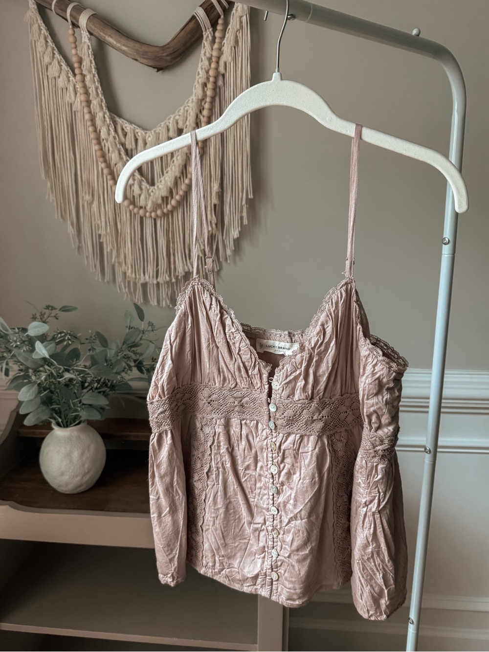 Lucky Brand Dusty Rose Lace-Trim Spaghetti Strap Top